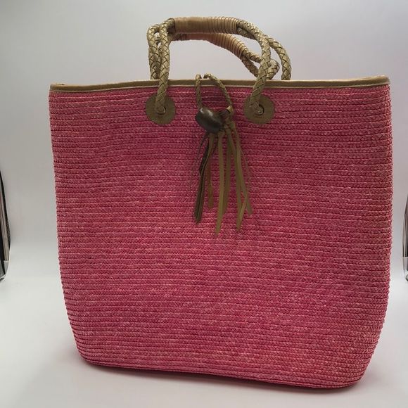 NWOT- Pink/Tan Donna Dixon straw bag. Braided faux leather handles,loop/bead - Picture 1 of 7